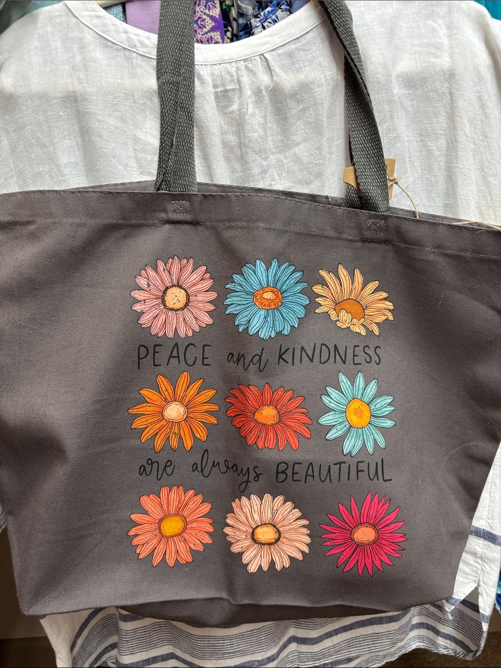 Trendy boutique Gray Tote with Multicolor Daisy Grid